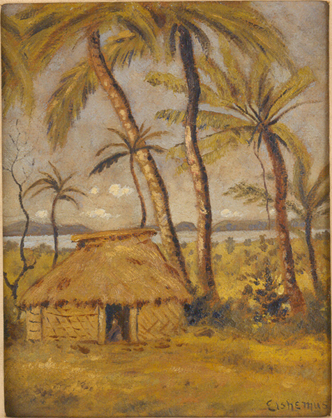 A beachfront scene with a thatched beach fale (hut) and palm trees.