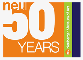 Logo stating "neu 50 years" with vertical banners