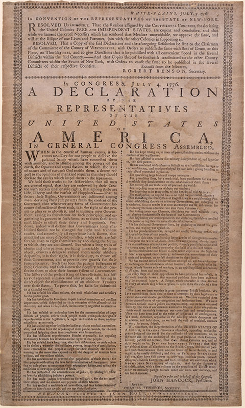 Image of Holt Broadside, an antiqued document of the Declaration of Independence in hand-set font in two columns.