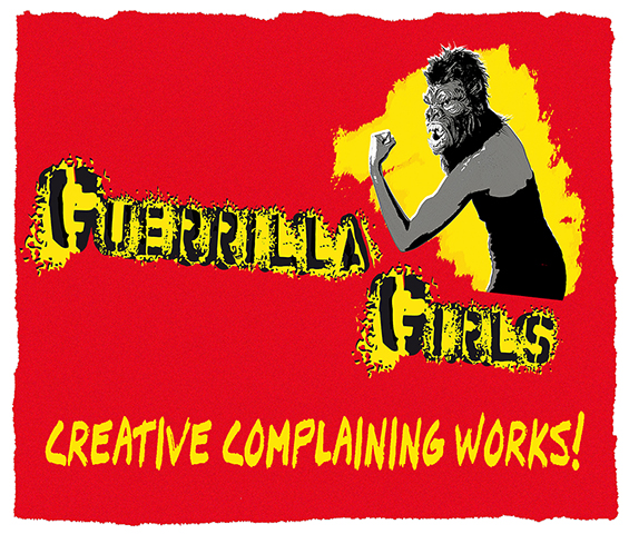 A figure in a gorilla mask flexes their arm over the words: Guerrilla Girls: Creative Complaining Works!